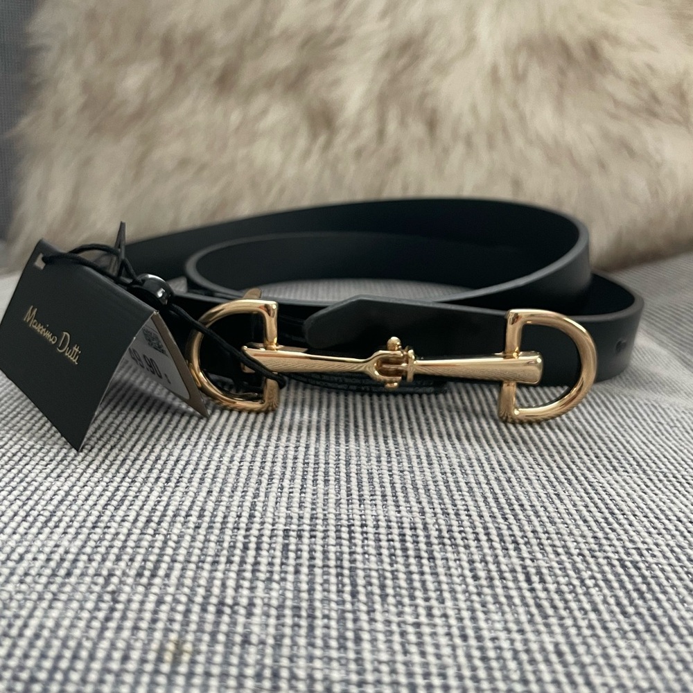 Massimo Dutti Black Leather Belt With Double Buckle Horse Bit Size S